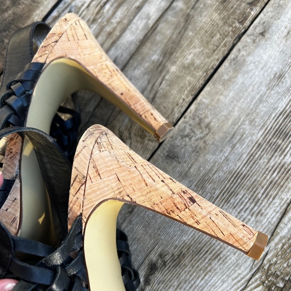 Cork & Black Leather Platform Sandals Strappy Heels Unity by Carlos Santana 9.5 - Picture 8 of 14